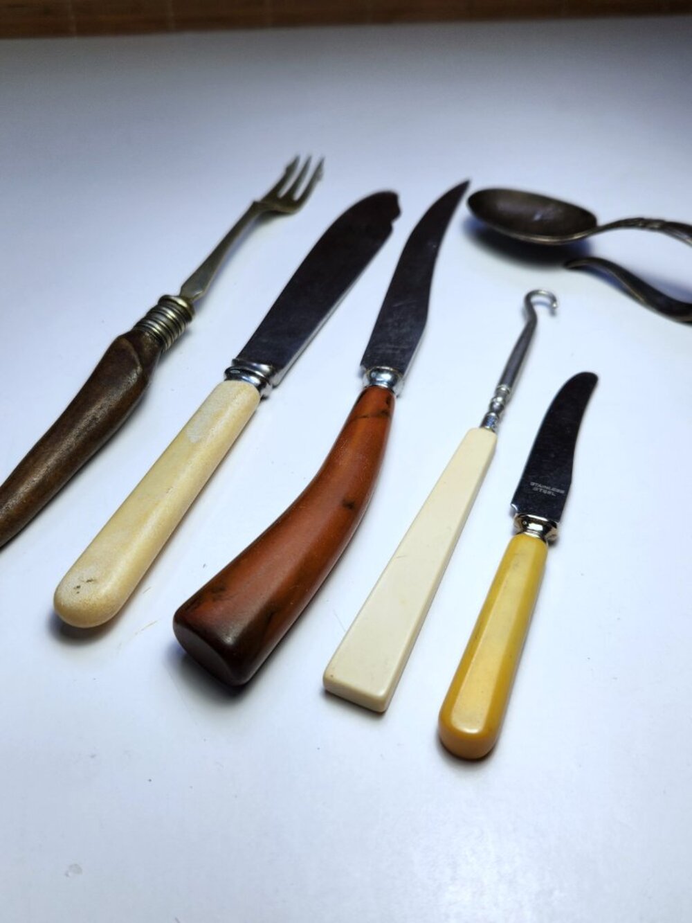 Vintage Flatware Lot Mixed Antique Serving Spoon Horn Handle Meat Fork Prop MCM
